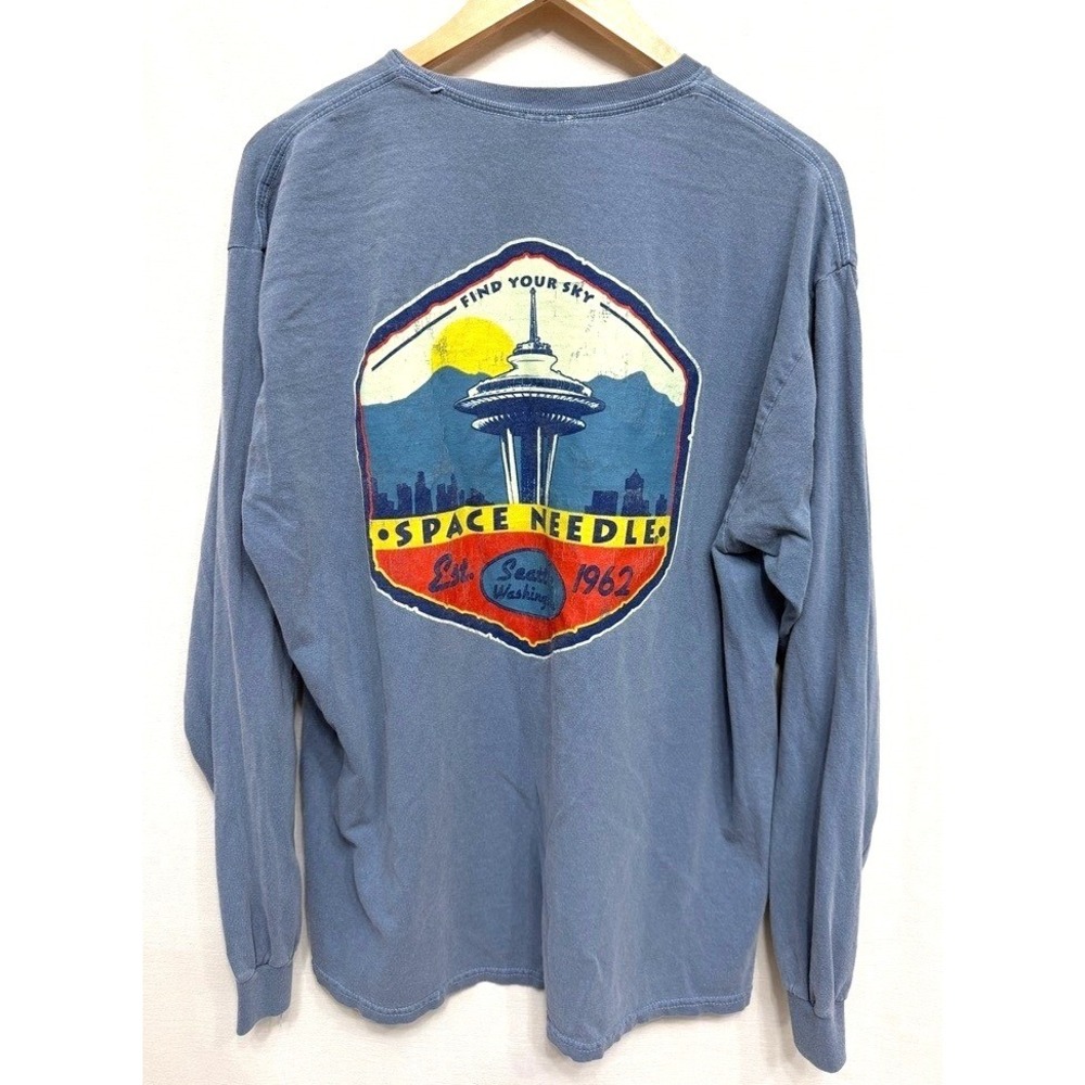Space Needle Long Sleeve Cotton Graphic Tee Shirt Mens XL Blue | Seattle Retro